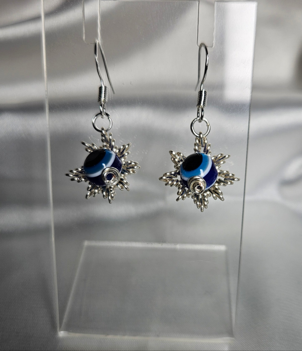 Evil eye silver star earrings