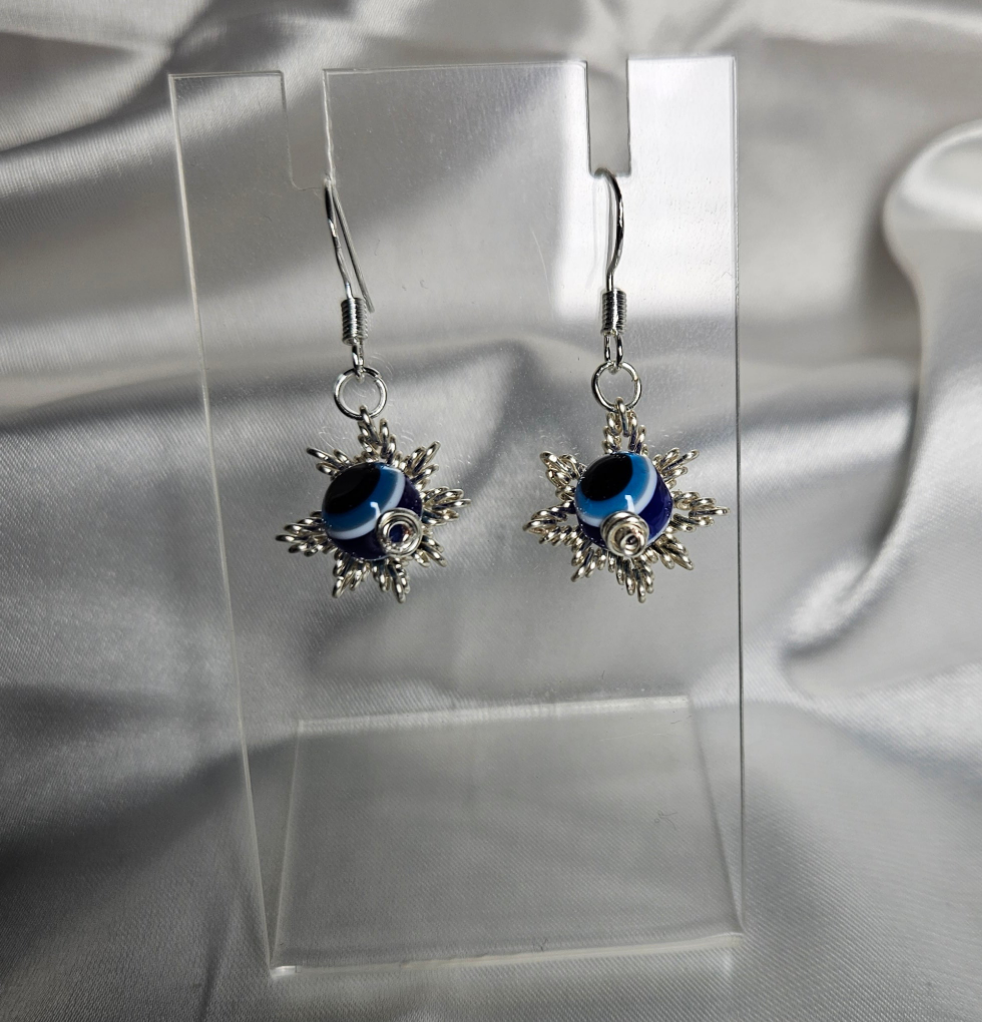 Evil eye silver star earrings