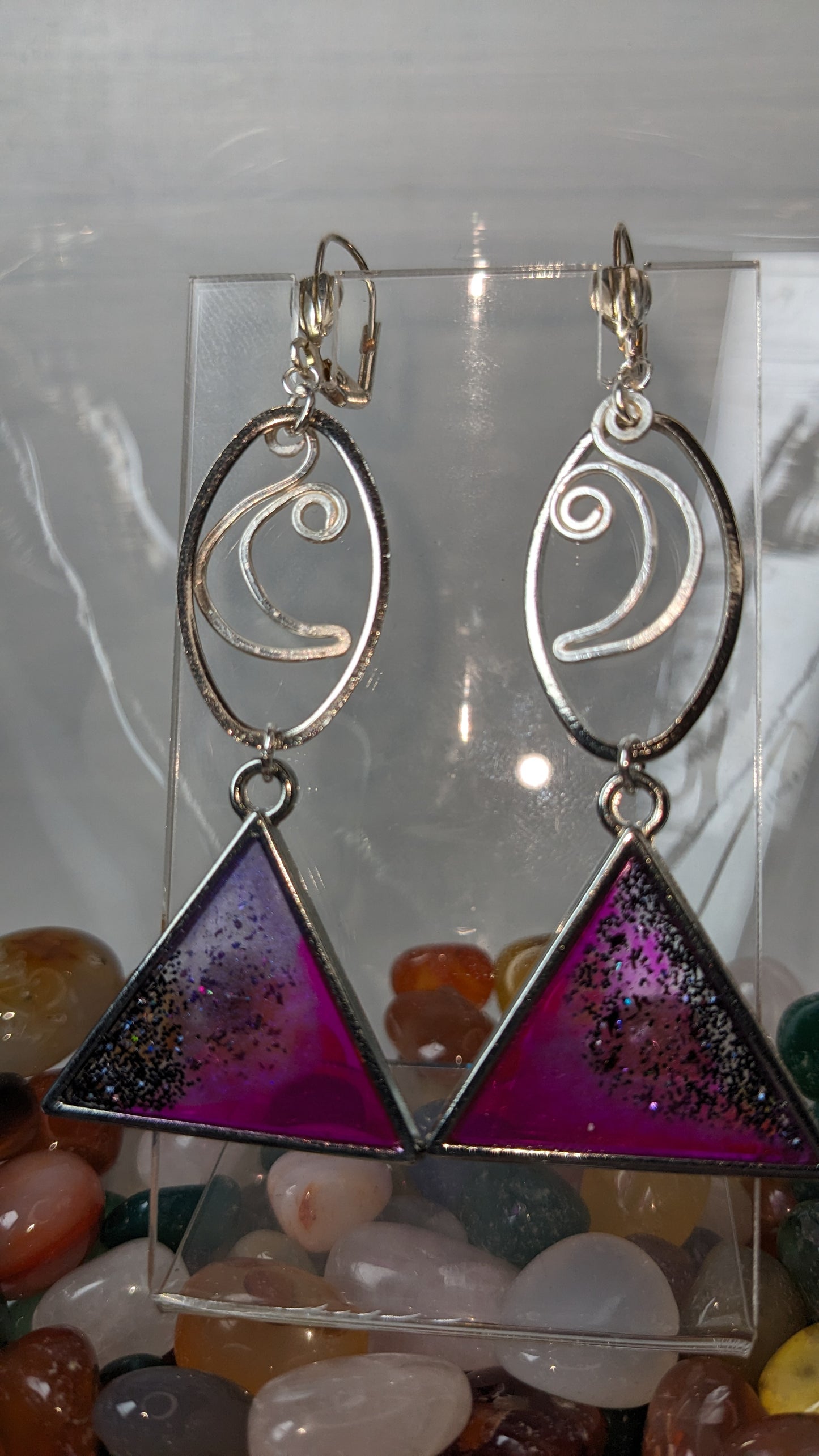 Silver Moon purple triangle earrings