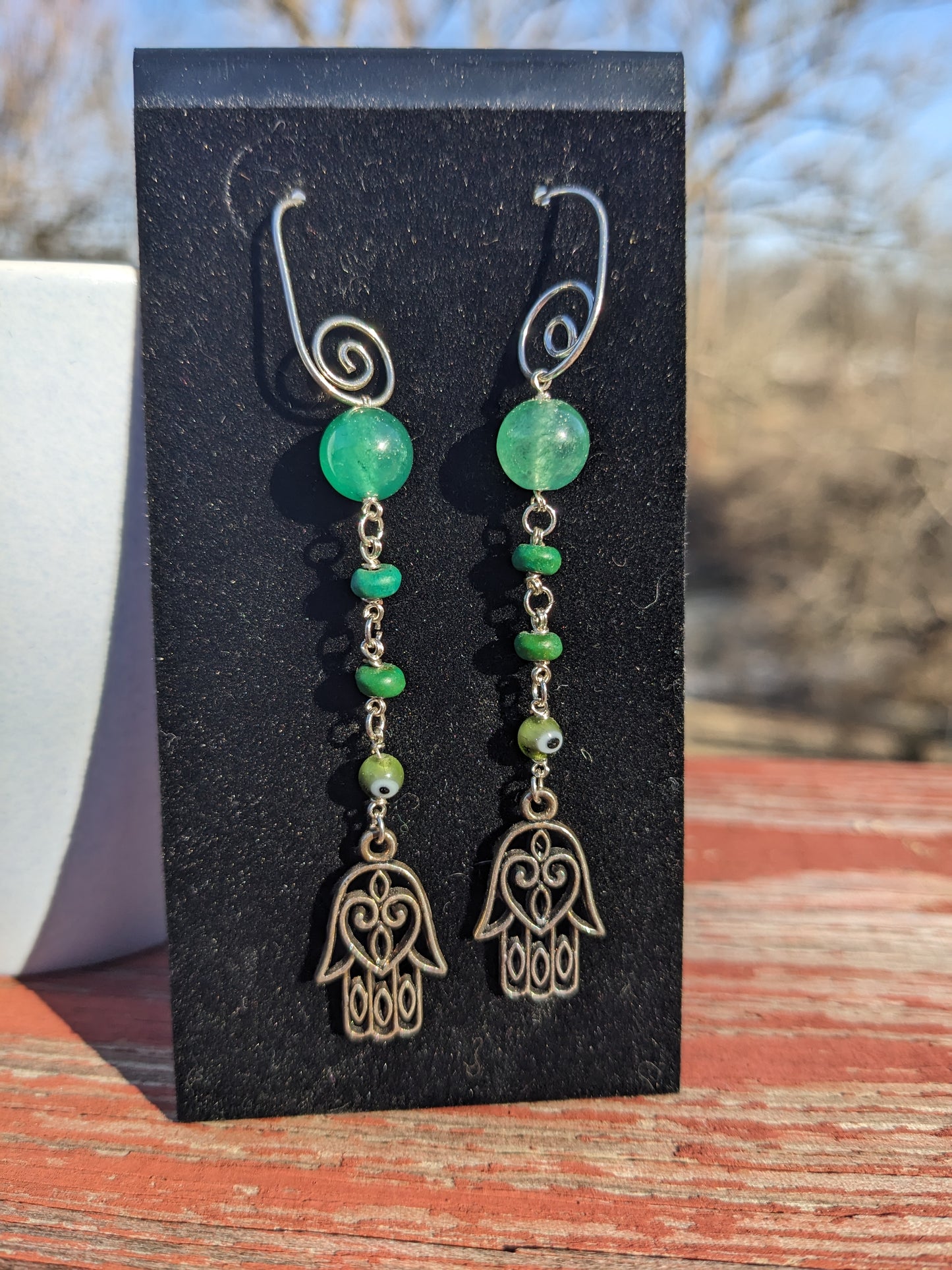 Green Evil Eye, Gemstone & Hamsa Earrings