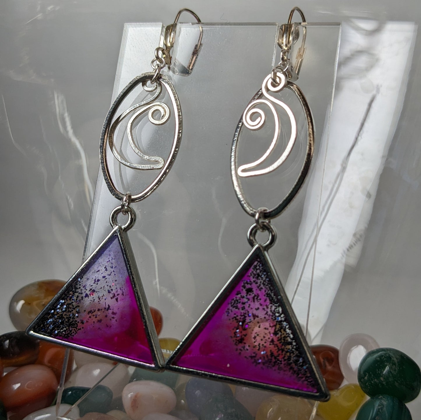 Silver Moon purple triangle earrings