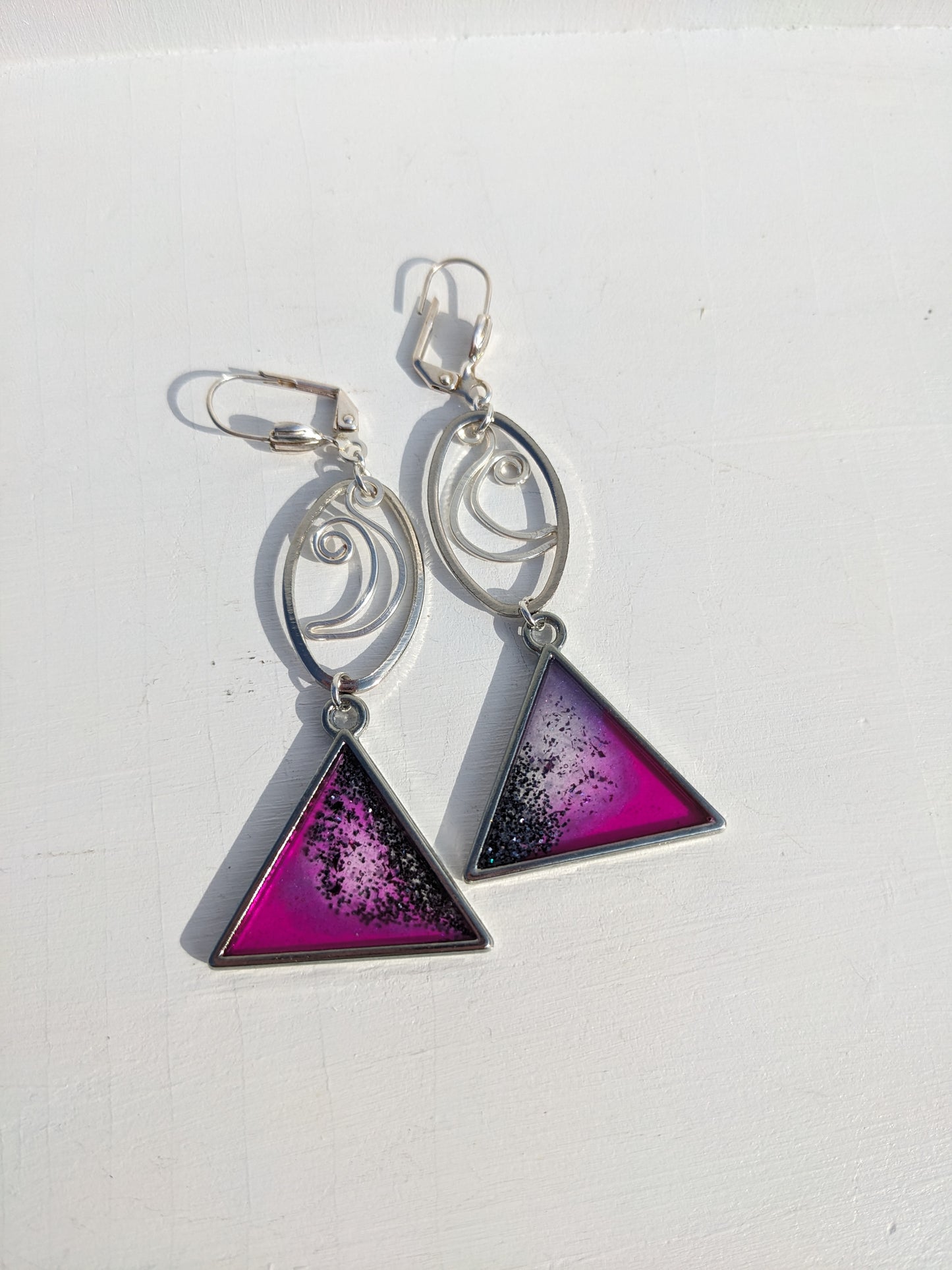 Silver Moon purple triangle earrings