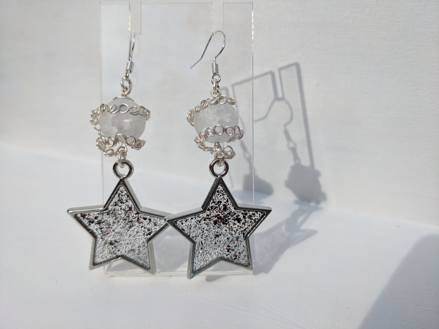 Crackle Quartz Crystals Silver Star Earrings