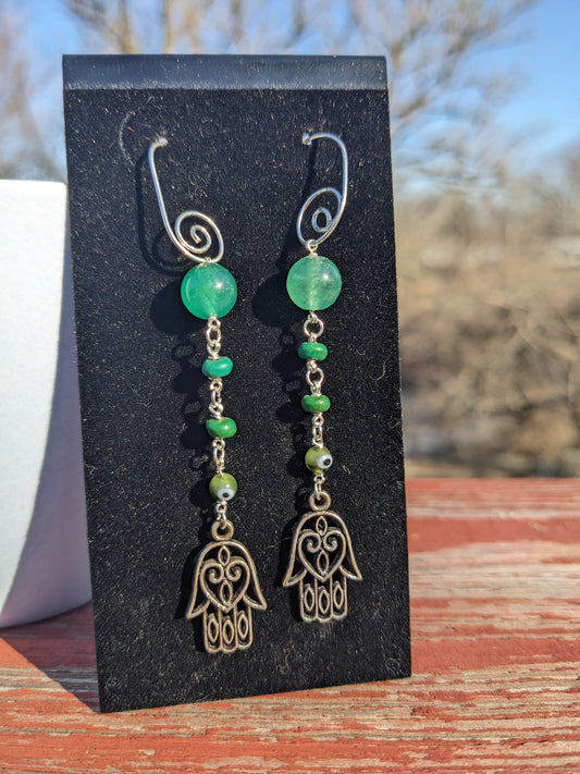 Green Evil Eye, Gemstone & Hamsa Earrings
