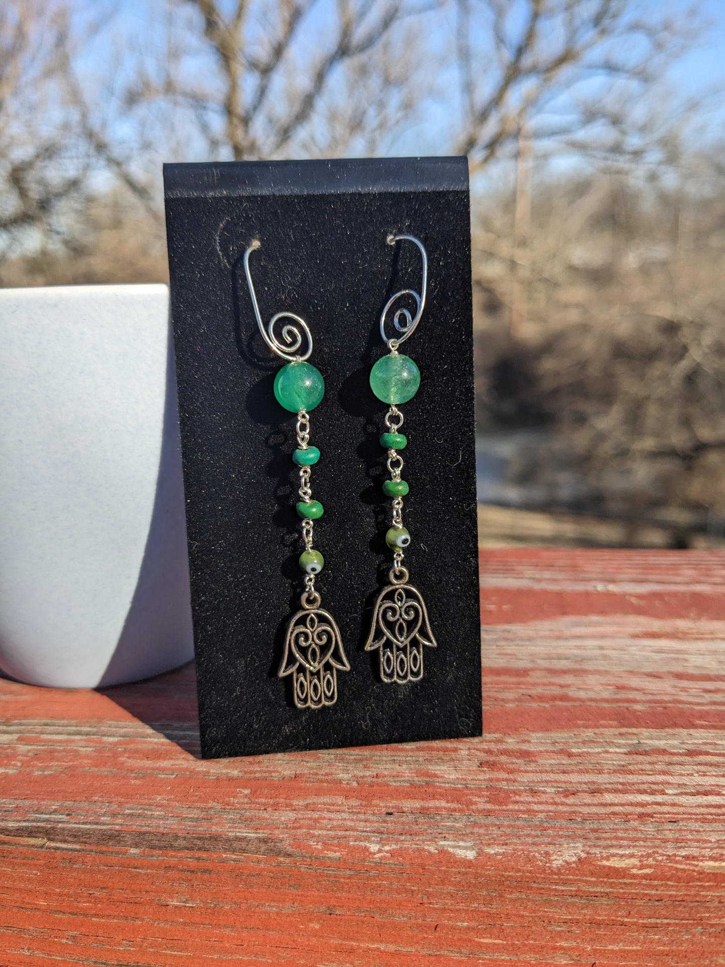 Green Evil Eye, Gemstone & Hamsa Earrings