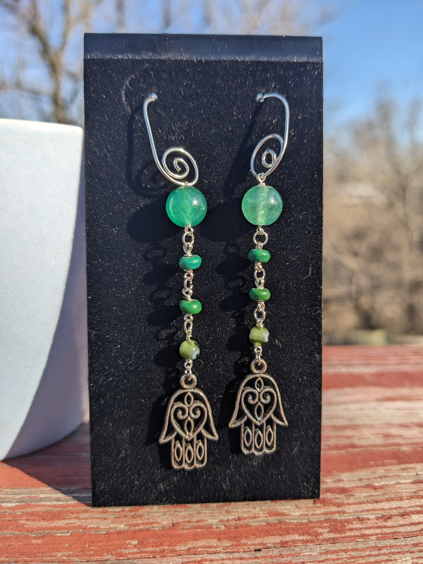 Green Evil Eye, Gemstone & Hamsa Earrings