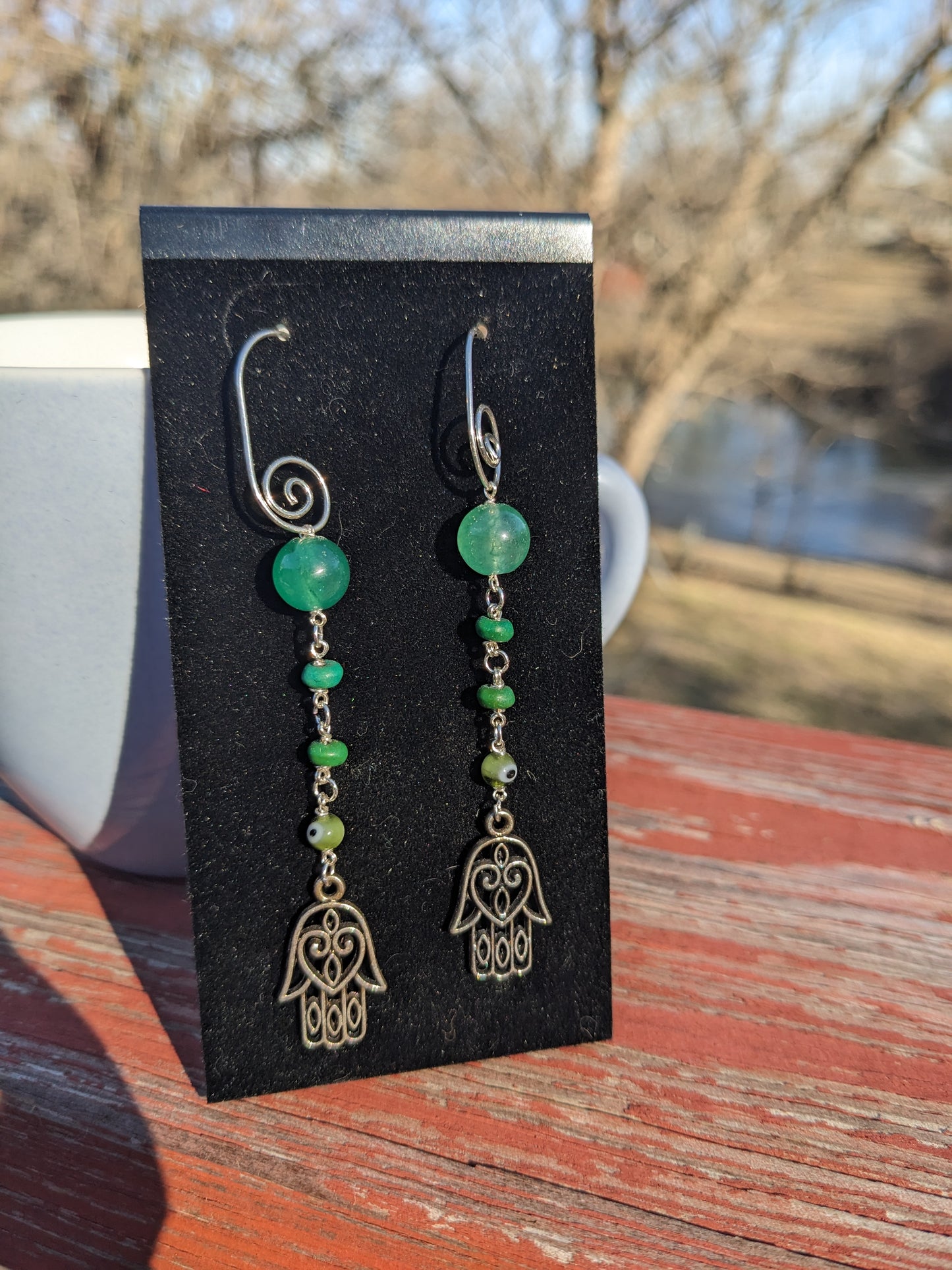 Green Evil Eye, Gemstone & Hamsa Earrings